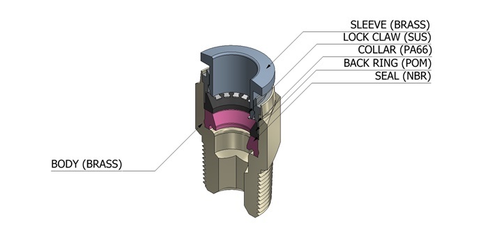 Hình ảnh mặt cắt chi tiết của đầu nối nhanh khí nén CDC BPC, làm rõ cấu tạo các bộ phận bên trong như móng kẹp SUS, phớt NBR và thân đồng thau