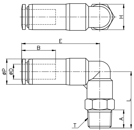 Bản vẽ kỹ thuật của đầu nối nhanh khí nén cong chữ L có ren ngoài SPL