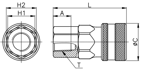 Bản vẽ kỹ thuật của Khớp Nối Nhanh Khí Nén Bi Cái Ren Trong SF