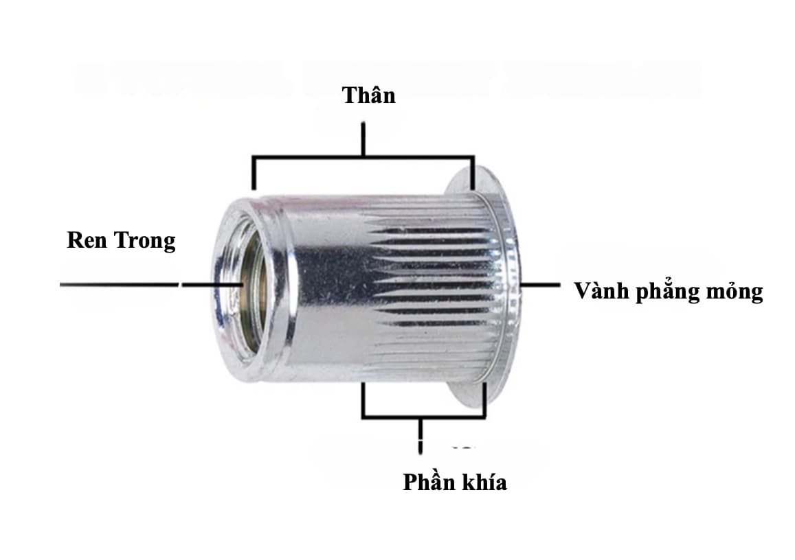 Sơ đồ cấu tạo tán rút thép mạ kẽm với thân tán, ren trong, mặt bích và lỗ rút.