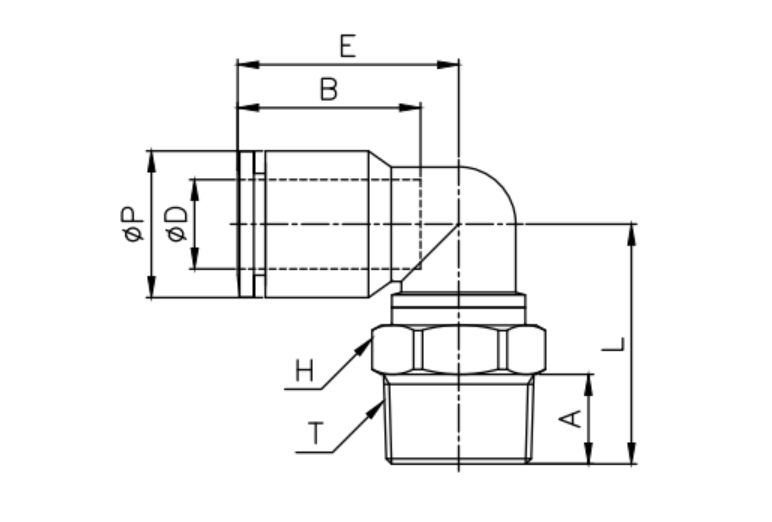 Bản vẽ kỹ thuật của đầu nối dòng MPL với các ký hiệu kích thước øD, øP, T, L, E, A, B, H được hiển thị rõ ràng cho model nhỏ gọn