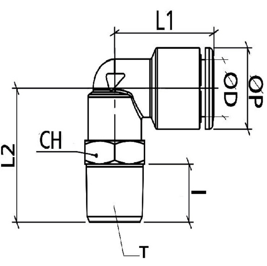 Bản vẽ kỹ thuật của đầu nối dòng BPL với các ký hiệu kích thước øD, øP, T, L1, L2, I, CH được hiển thị rõ