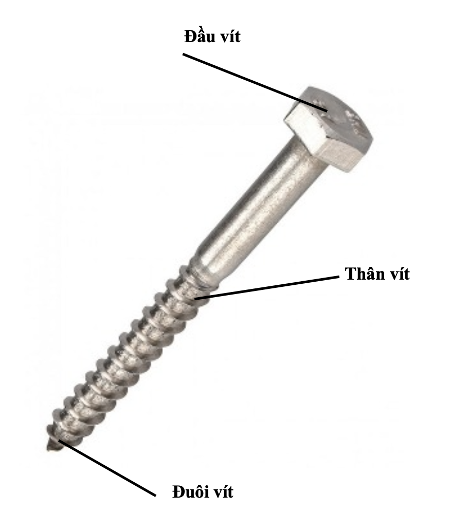 Sơ đồ cấu tạo của vít phong với đầu lục giác 6 cạnh, thân ren một phần và đuôi nhọn.