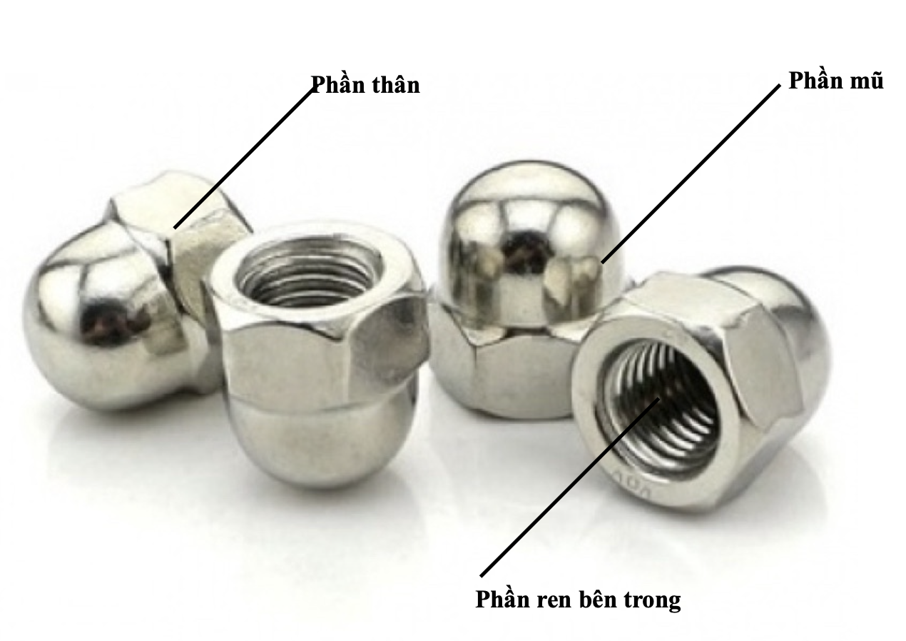 Sơ đồ cấu tạo tán bầu gồm phần thân lục giác có ren trong và phân mũ được bo tròn