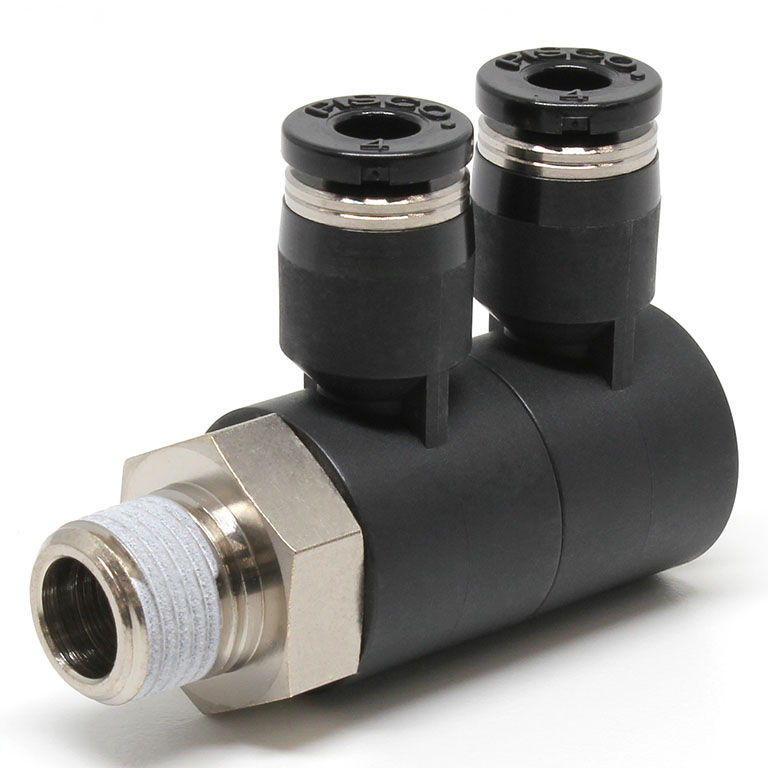 Đầu Nối Nhanh Khí Nén Hai Nhánh Cong 90° Thân Lục Giác Trụ Ren Ngoài Pisco PHW5/32-N2U