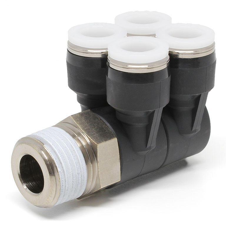 Đầu Nối Nhanh Khí Nén Bốn Nhánh Cong 90° Thân Lục Giác Trụ Ren Ngoài Pisco PAW1/2-N4U