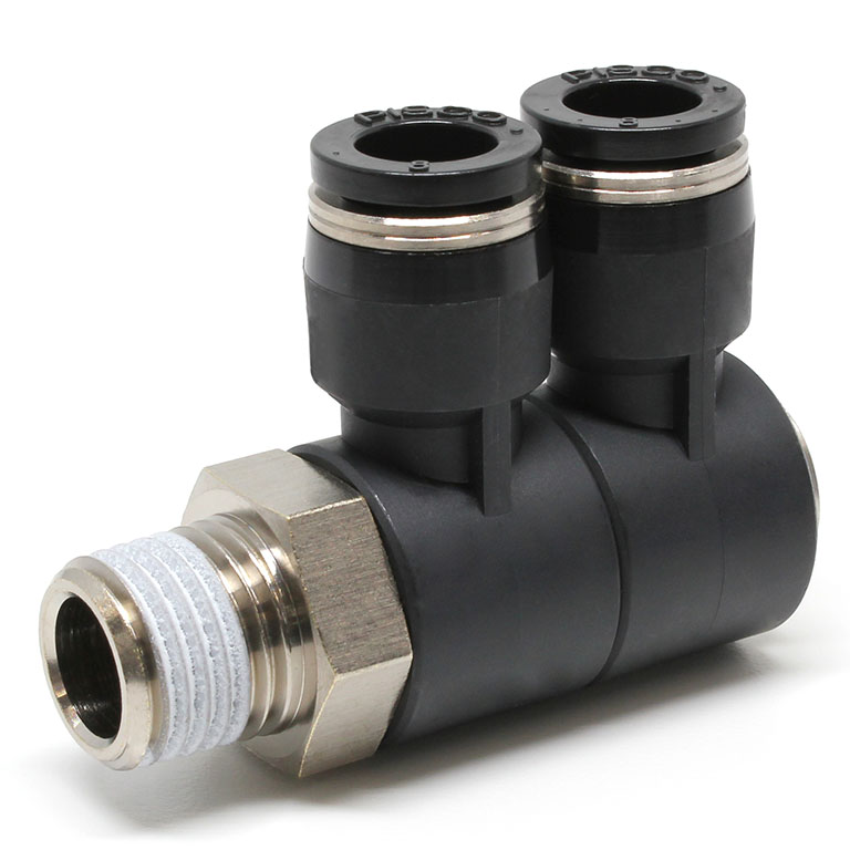 Đầu Nối Nhanh Khí Nén Hai Nhánh Cong 90° Thân Lục Giác Trụ Ren Ngoài Pisco PHW8-02-C