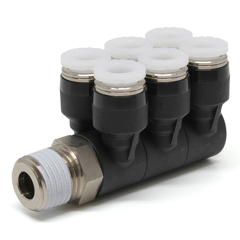 Đầu Nối Nhanh Khí Nén Sáu Nhánh Cong 90° Thân Lục Giác Trụ Ren Ngoài Pisco PAT1/4-N2U