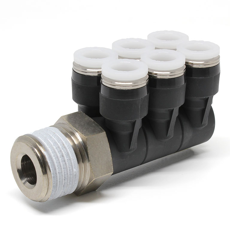 Đầu Nối Nhanh Khí Nén Sáu Nhánh Cong 90° Thân Lục Giác Trụ Ren Ngoài Pisco PAT5/16-N2U