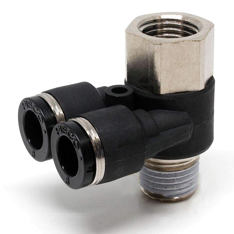 Đầu Nối Nhanh Khí Nén Hai Nhánh Cong 90° Đầu Lục Giác Trụ Ren Đực Cái Pisco PAF8-02W
