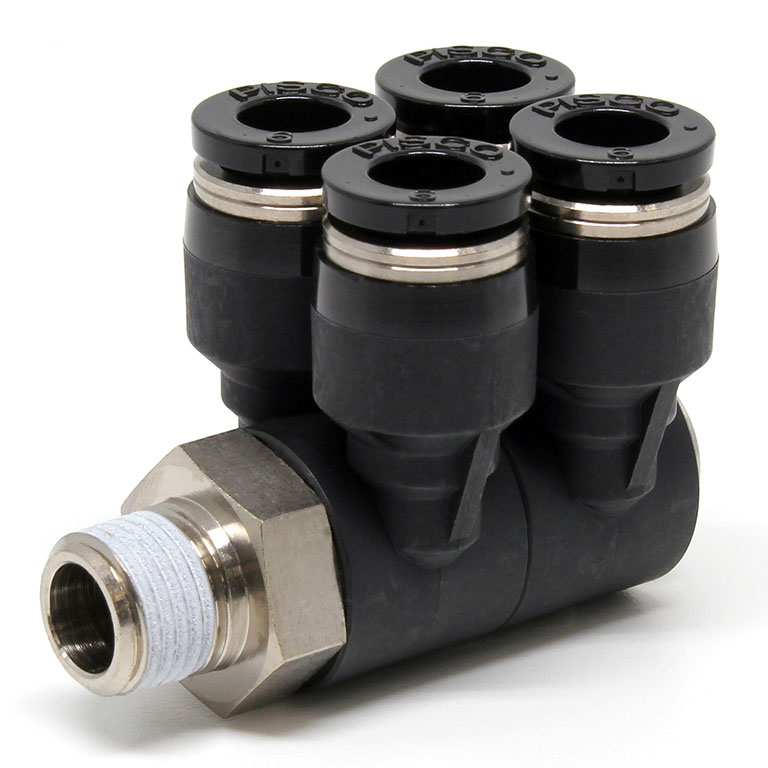 Đầu Nối Nhanh Khí Nén Bốn Nhánh Cong 90° Thân Lục Giác Trụ Ren Ngoài Pisco PAW6-01-C