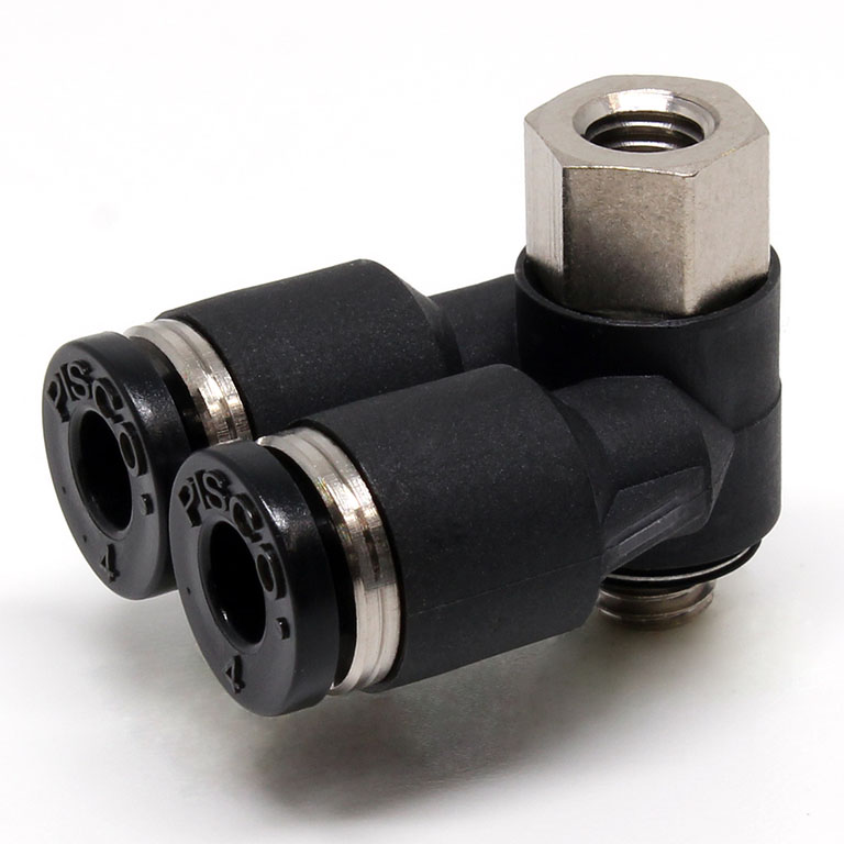 Đầu Nối Nhanh Khí Nén Hai Nhánh Cong 90° Đầu Lục Giác Trụ Ren Đực Cái Pisco PAF4-M5