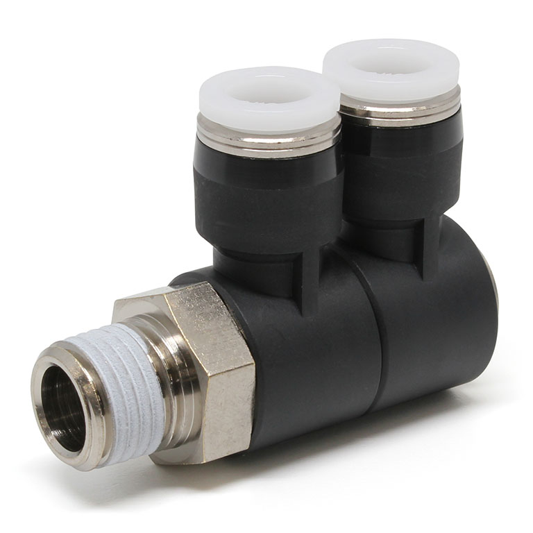 Đầu Nối Nhanh Khí Nén Hai Nhánh Cong 90° Thân Lục Giác Trụ Ren Ngoài Pisco PHW5/16-02