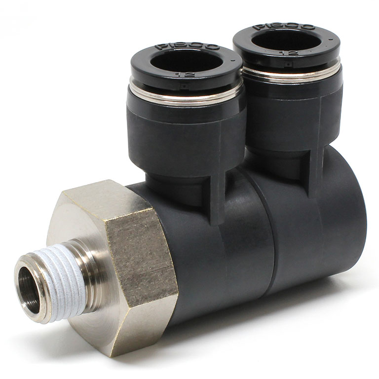 Đầu Nối Nhanh Khí Nén Hai Nhánh Cong 90° Thân Lục Giác Trụ Ren Ngoài Pisco PHW12-02W