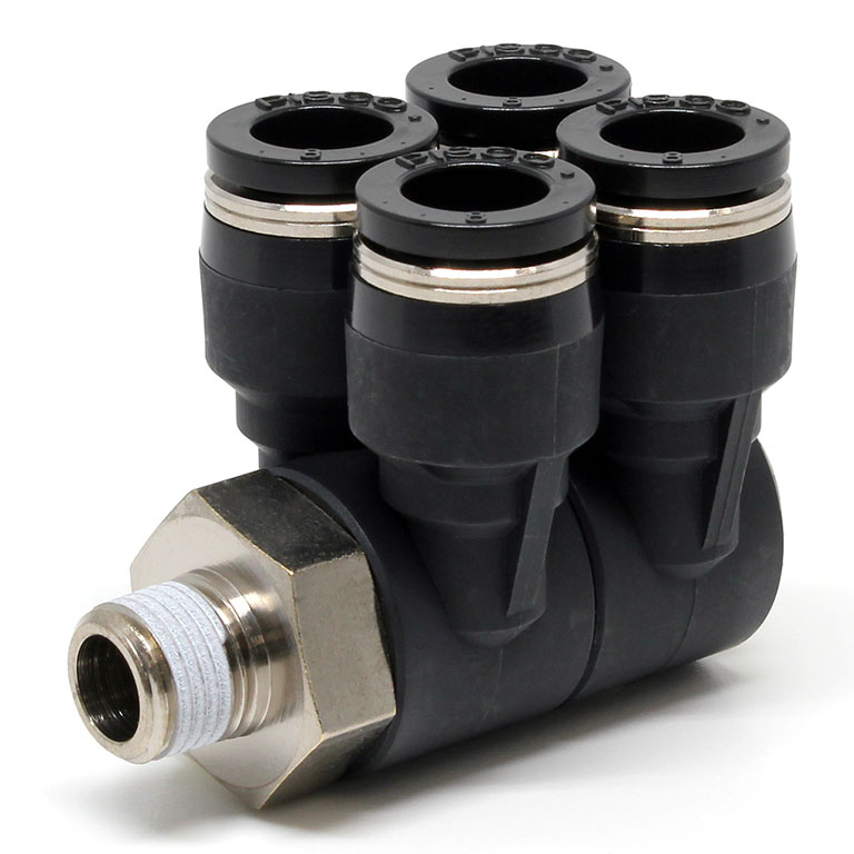 Đầu Nối Nhanh Khí Nén Bốn Nhánh Cong 90° Thân Lục Giác Trụ Ren Ngoài Pisco PAW8-01