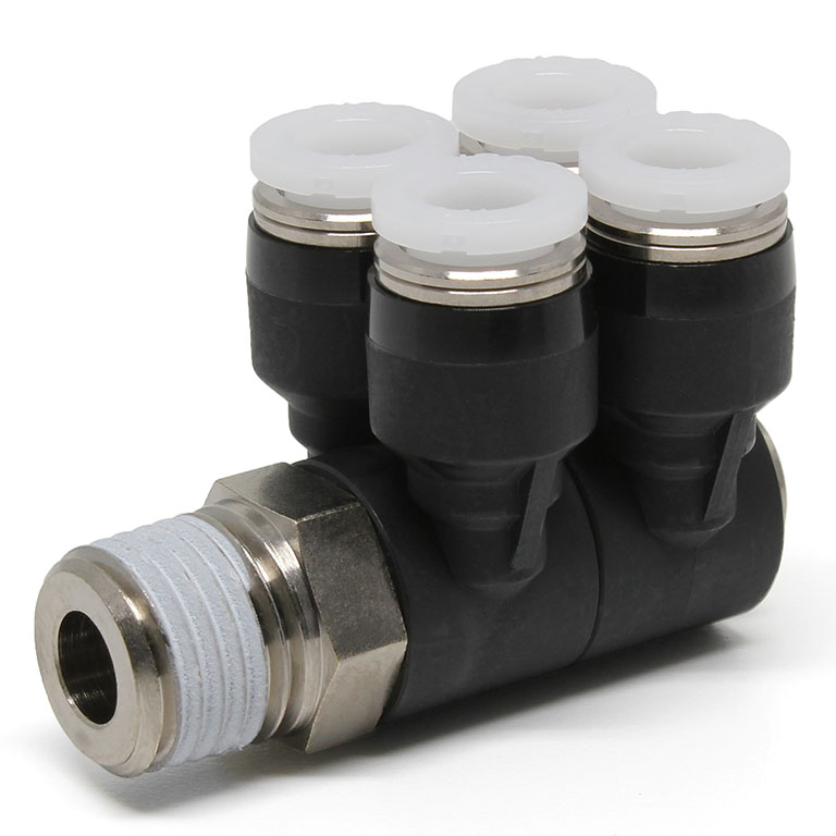 Đầu Nối Nhanh Khí Nén Bốn Nhánh Cong 90° Thân Lục Giác Trụ Ren Ngoài Pisco PAW5/32-N2U