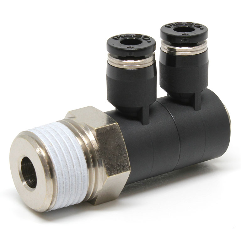 Đầu Nối Nhanh Khí Nén Hai Nhánh Cong 90° Thân Lục Giác Trụ Ren Ngoài Pisco PHW4-03