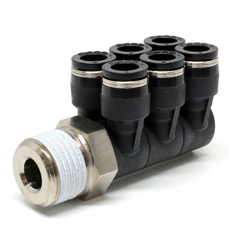 Đầu Nối Nhanh Khí Nén Sáu Nhánh Cong 90° Thân Lục Giác Trụ Ren Ngoài Pisco PAT8-04W