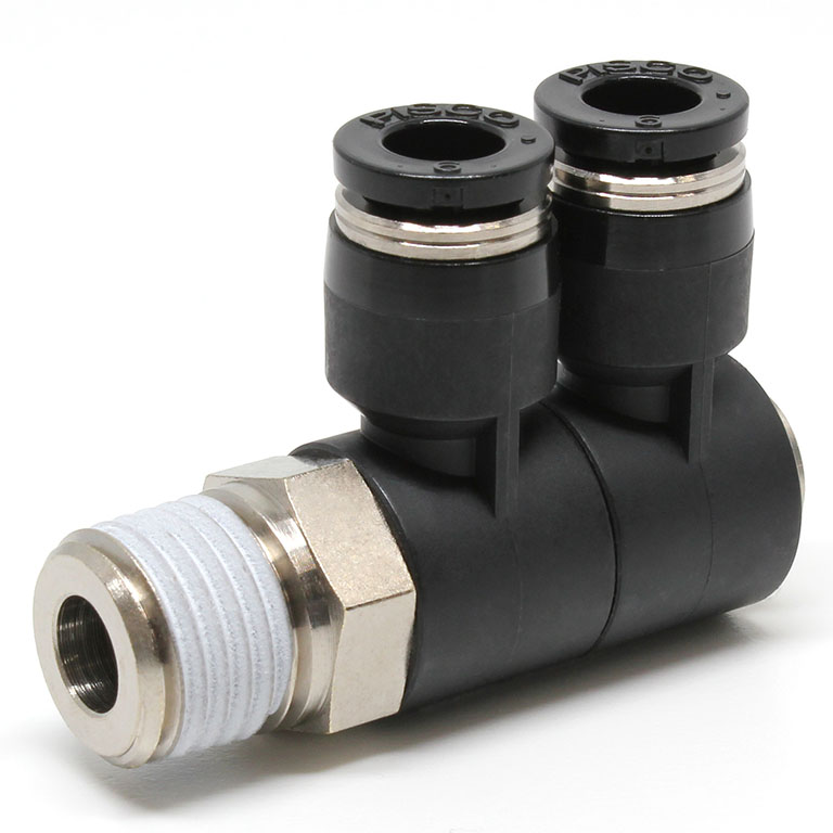 Đầu Nối Nhanh Khí Nén Hai Nhánh Cong 90° Thân Lục Giác Trụ Ren Ngoài Pisco PHW6-02-UC