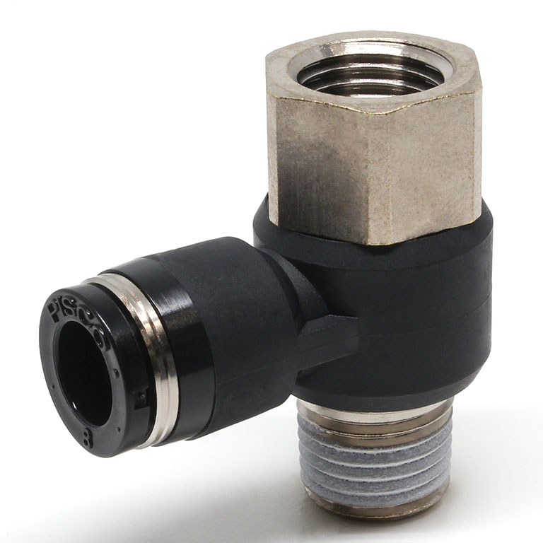 Đầu Nối Nhanh Khí Nén Cong 90° Đầu Lục Giác Trụ Ren Đực Cái Pisco PHF8-02