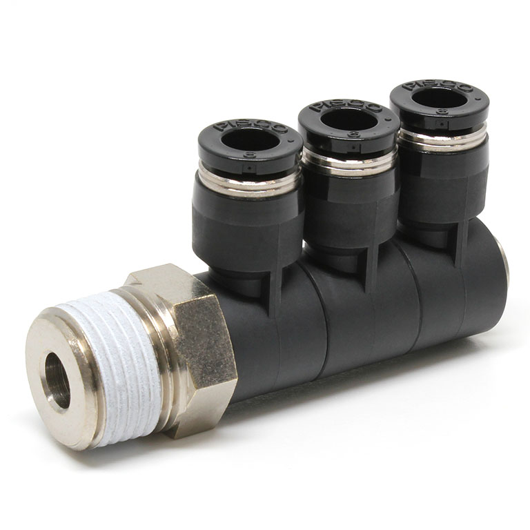 Đầu Nối Nhanh Khí Nén Ba Nhánh Cong 90° Thân Lục Giác Trụ Ren Ngoài Pisco PHT1/4-N3U