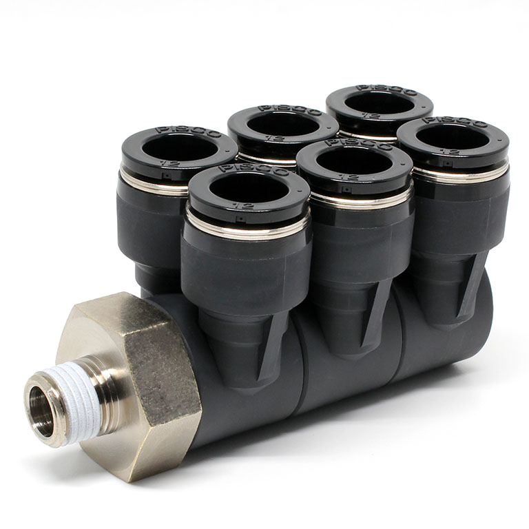 Đầu Nối Nhanh Khí Nén Sáu Nhánh Cong 90° Thân Lục Giác Trụ Ren Ngoài Pisco PAT12-02