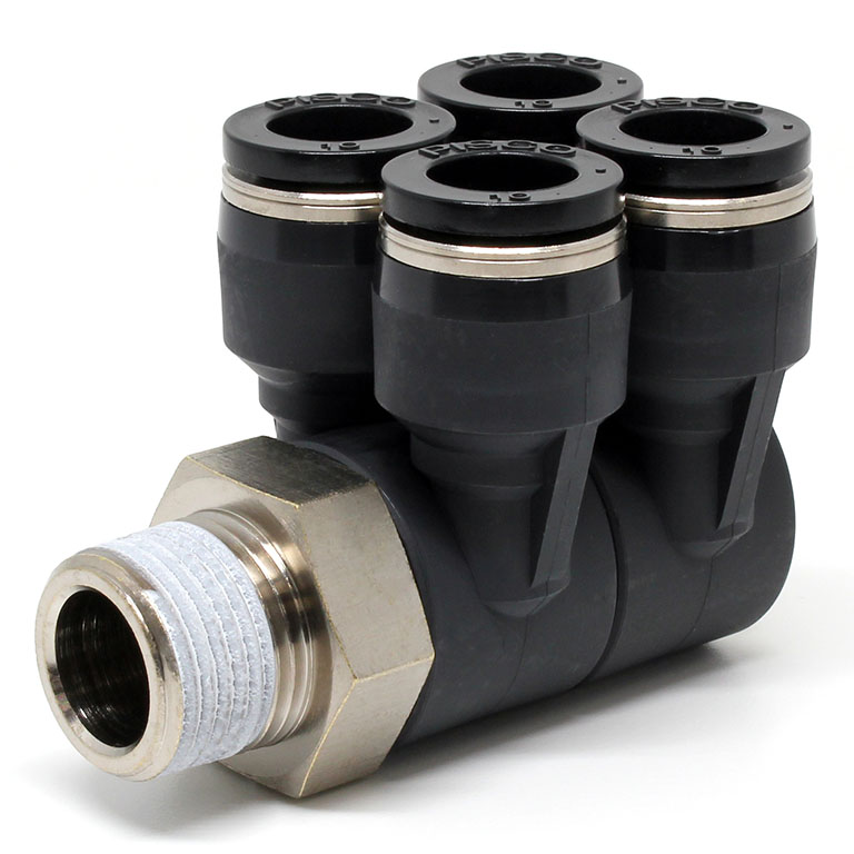 Đầu Nối Nhanh Khí Nén Bốn Nhánh Cong 90° Thân Lục Giác Trụ Ren Ngoài Pisco PAW10-03-UC
