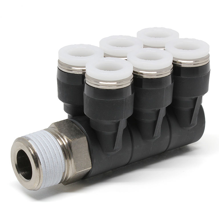 Đầu Nối Nhanh Khí Nén Sáu Nhánh Cong 90° Thân Lục Giác Trụ Ren Ngoài Pisco PAT5/16-03