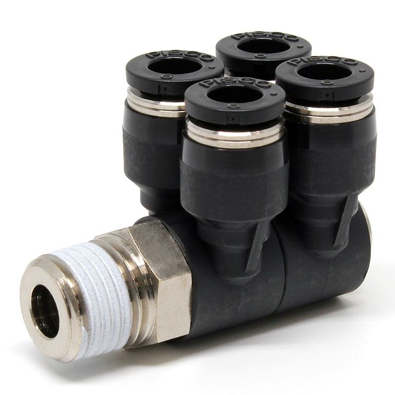 Đầu Nối Nhanh Khí Nén Bốn Nhánh Cong 90° Thân Lục Giác Trụ Ren Ngoài Pisco PAW6-02W