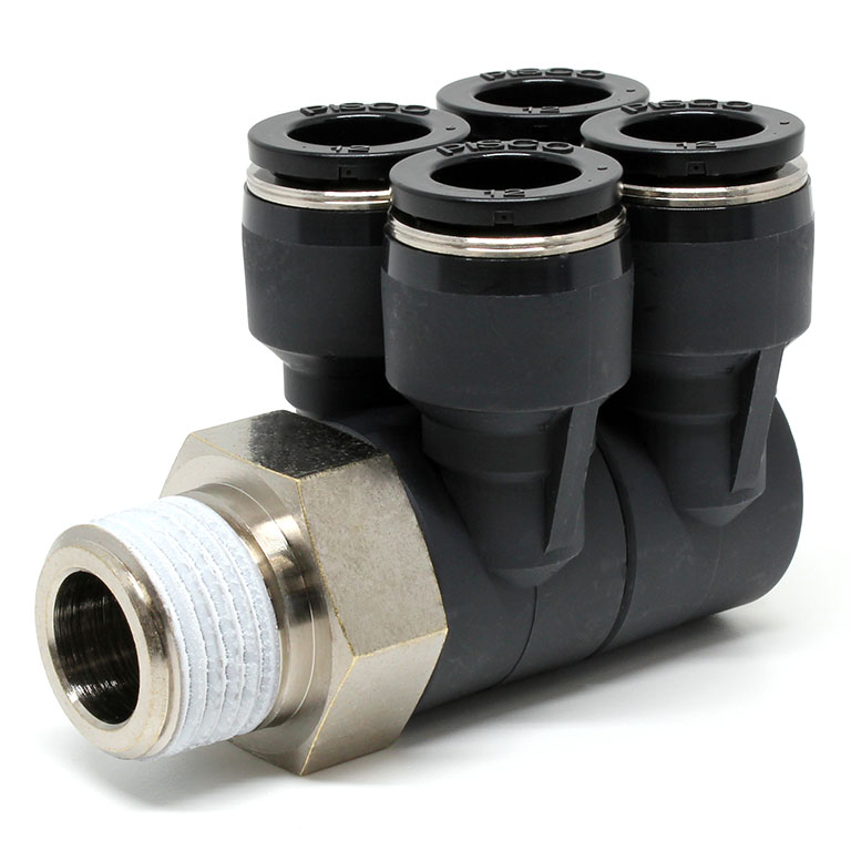 Đầu Nối Nhanh Khí Nén Bốn Nhánh Cong 90° Thân Lục Giác Trụ Ren Ngoài Pisco PAW12-04W