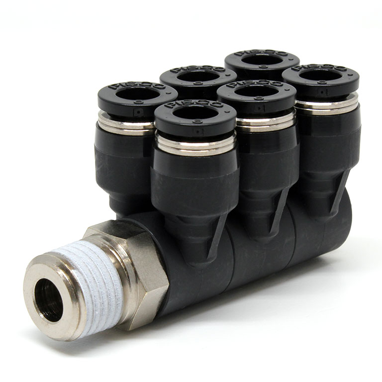 Đầu Nối Nhanh Khí Nén Sáu Nhánh Cong 90° Thân Lục Giác Trụ Ren Ngoài Pisco PAT6-02-C