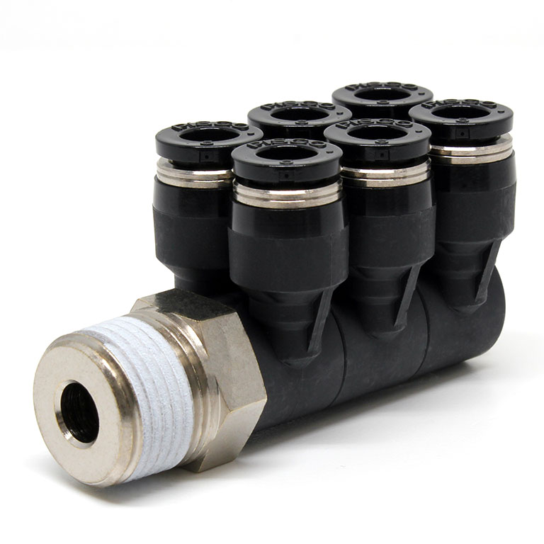 Đầu Nối Nhanh Khí Nén Sáu Nhánh Cong 90° Thân Lục Giác Trụ Ren Ngoài Pisco PAT6-03-C