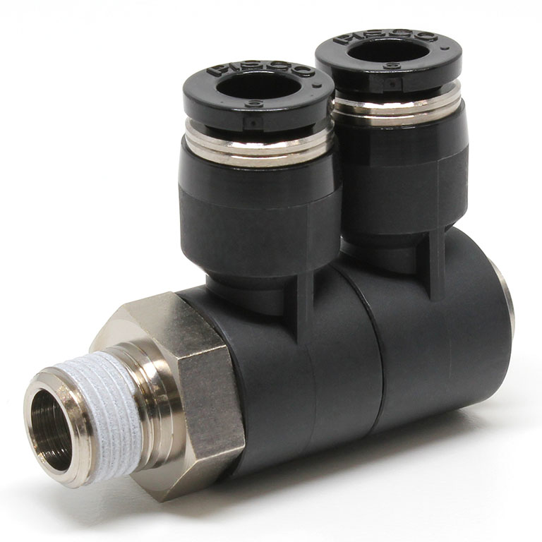 Đầu Nối Nhanh Khí Nén Hai Nhánh Cong 90° Thân Lục Giác Trụ Ren Ngoài Pisco PHW6-01-C