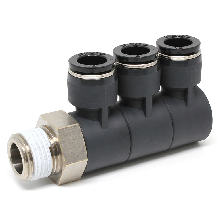 Đầu Nối Nhanh Khí Nén Ba Nhánh Cong 90° Thân Lục Giác Trụ Ren Ngoài Pisco PHT12-04-UC