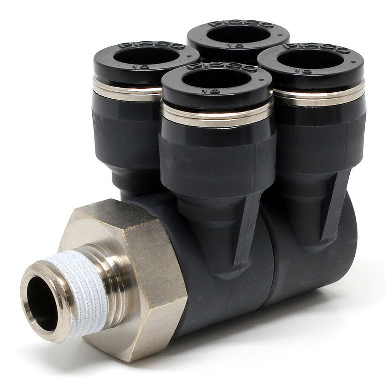 Đầu Nối Nhanh Khí Nén Bốn Nhánh Cong 90° Thân Lục Giác Trụ Ren Ngoài Pisco PAW10-02