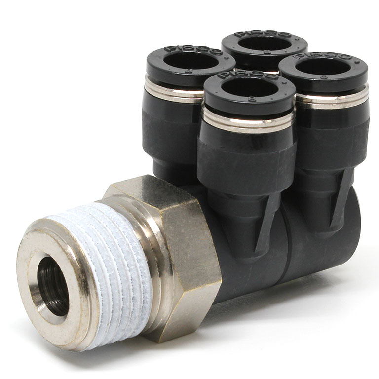 Đầu Nối Nhanh Khí Nén Bốn Nhánh Cong 90° Thân Lục Giác Trụ Ren Ngoài Pisco PAW8-04