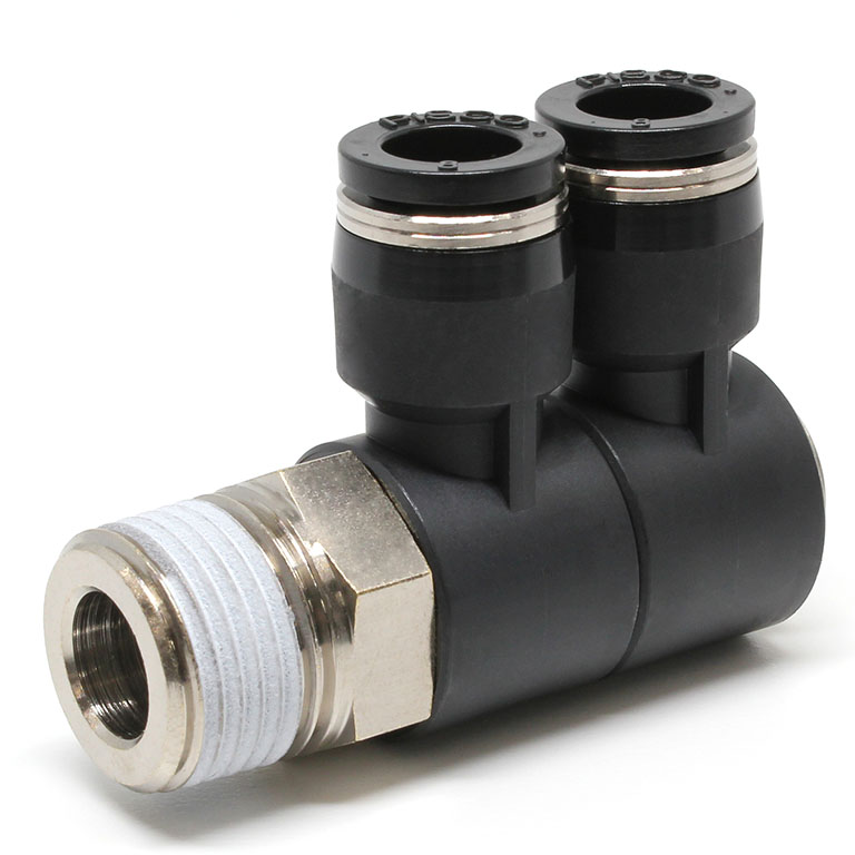 Đầu Nối Nhanh Khí Nén Hai Nhánh Cong 90° Thân Lục Giác Trụ Ren Ngoài Pisco PHW8-03W