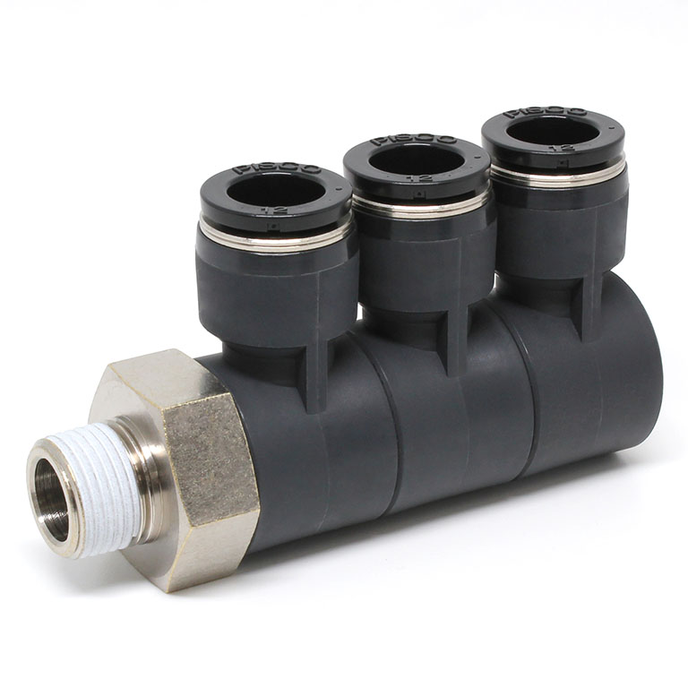 Đầu Nối Nhanh Khí Nén Ba Nhánh Cong 90° Thân Lục Giác Trụ Ren Ngoài Pisco PHT1/2-N3U