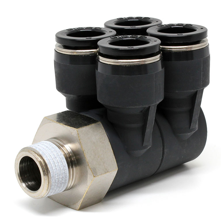 Đầu Nối Nhanh Khí Nén Bốn Nhánh Cong 90° Thân Lục Giác Trụ Ren Ngoài Pisco PAW12-03-UC