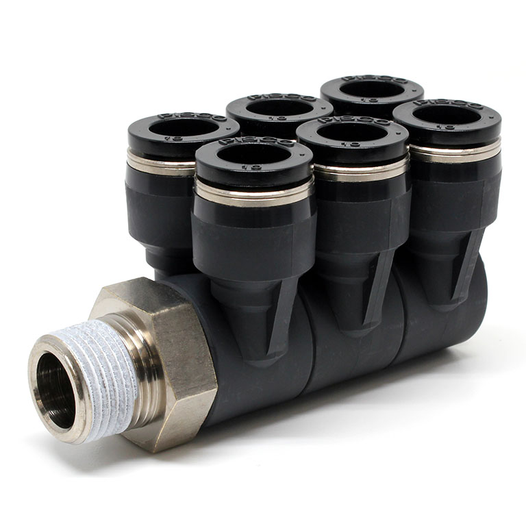 Đầu Nối Nhanh Khí Nén Sáu Nhánh Cong 90° Thân Lục Giác Trụ Ren Ngoài Pisco PAT10-03W