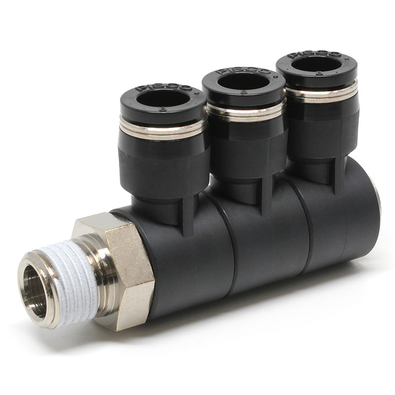 Đầu Nối Nhanh Khí Nén Ba Nhánh Cong 90° Thân Lục Giác Trụ Ren Ngoài Pisco PHT5/16-N2U