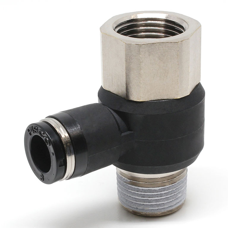 Đầu Nối Nhanh Khí Nén Cong 90° Đầu Lục Giác Trụ Ren Đực Cái Pisco PHF8-03-C