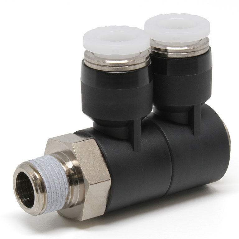 Đầu Nối Nhanh Khí Nén Hai Nhánh Cong 90° Thân Lục Giác Trụ Ren Ngoài Pisco PHW1/4-N1U