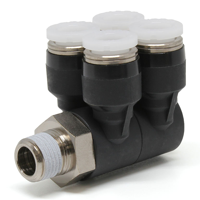 Đầu Nối Nhanh Khí Nén Bốn Nhánh Cong 90° Thân Lục Giác Trụ Ren Ngoài Pisco PAW1/4-N1U