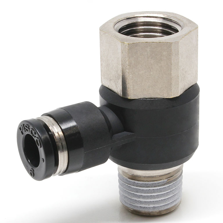 Đầu Nối Nhanh Khí Nén Cong 90° Đầu Lục Giác Trụ Ren Đực Cái Pisco PHF6-02
