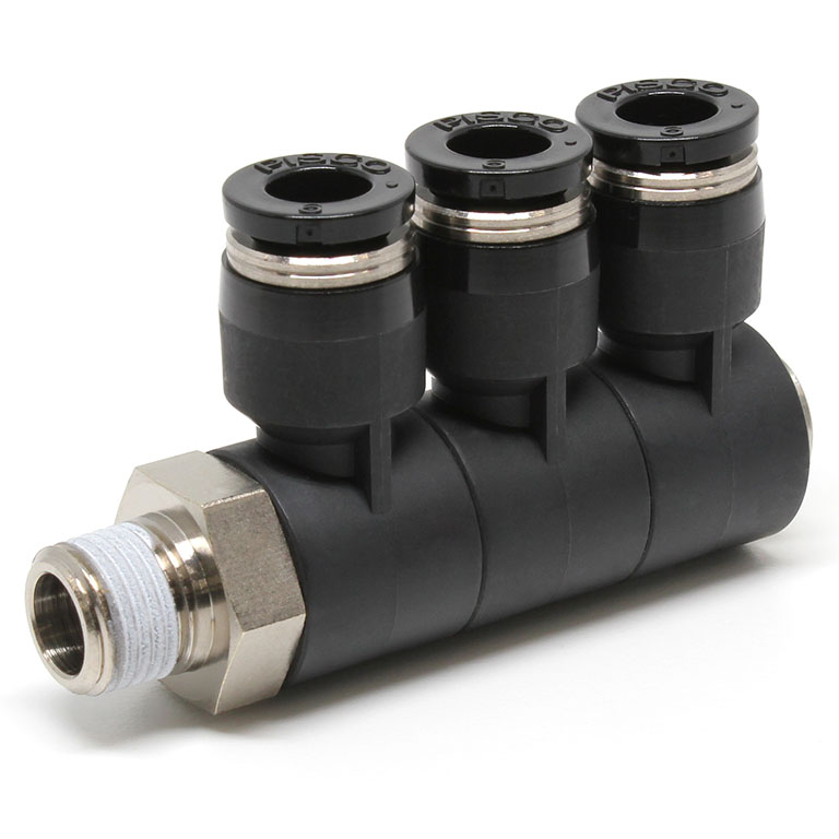 Đầu Nối Nhanh Khí Nén Ba Nhánh Cong 90° Thân Lục Giác Trụ Ren Ngoài Pisco PHT6-01W