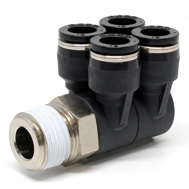 Đầu Nối Nhanh Khí Nén Bốn Nhánh Cong 90° Thân Lục Giác Trụ Ren Ngoài Pisco PAW10-04-C