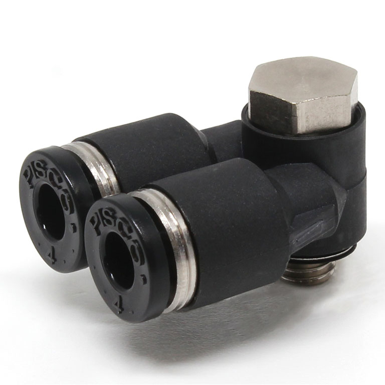 Đầu Nối Nhanh Khí Nén Hai Nhánh Cong 90° Đầu Lục Giác Trụ Ren Ngoài Pisco PA4-M5-C