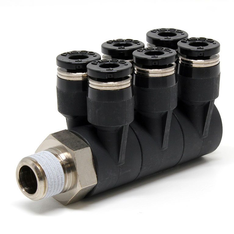 Đầu Nối Nhanh Khí Nén Sáu Nhánh Cong 90° Thân Lục Giác Trụ Ren Ngoài Pisco PAT4-01-C