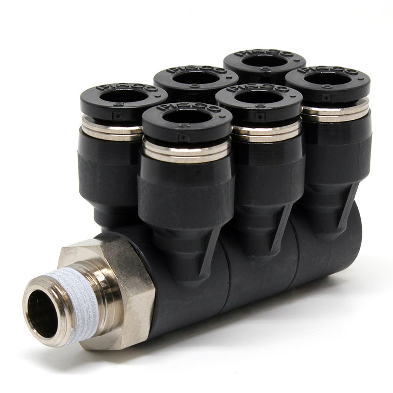 Đầu Nối Nhanh Khí Nén Sáu Nhánh Cong 90° Thân Lục Giác Trụ Ren Ngoài Pisco PAT6-01